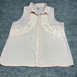 Loft Womens Large Pink Sleeveless Sheer Blouse Lace Appliqué‎ Button up